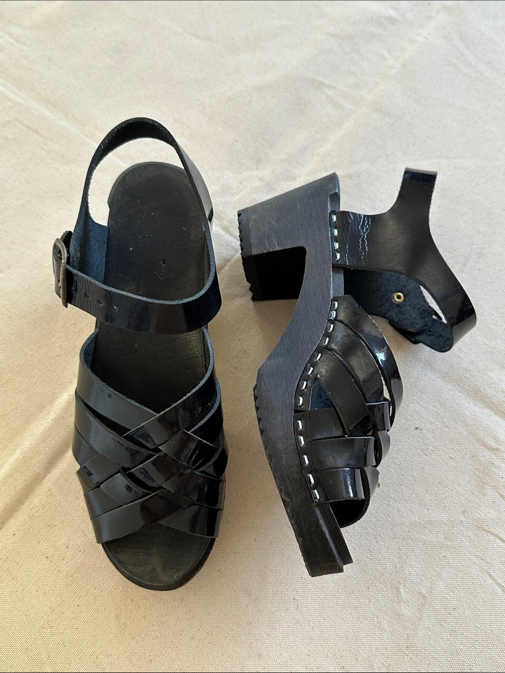 Vollsjo Black Patent Platform Sandals with Ankle Strap